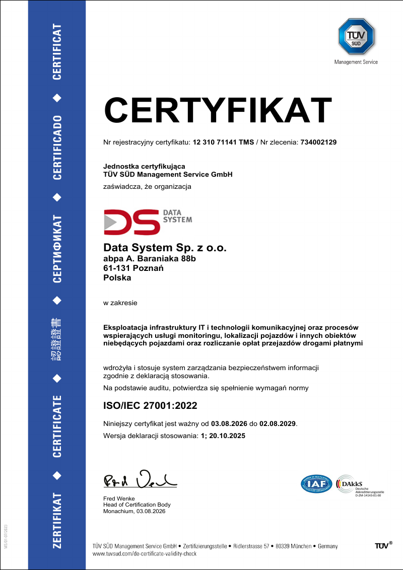 Certyfikat ISO/IEC 27001:2022 dla Data System sp. z o.o., strona 1