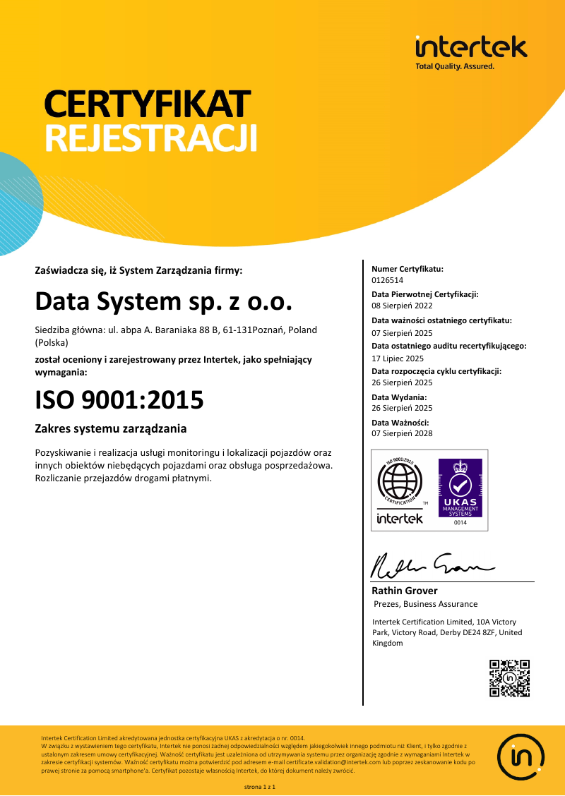 Certyfikat ISO 9001:2015 dla Data System sp. z o.o., strona 1